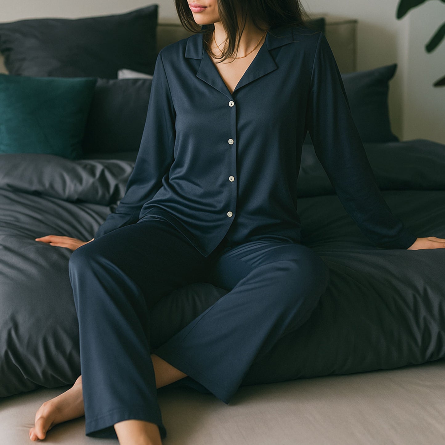 Lange Pyjamahose Damen aus Bambus Lyocell Dunkelblau