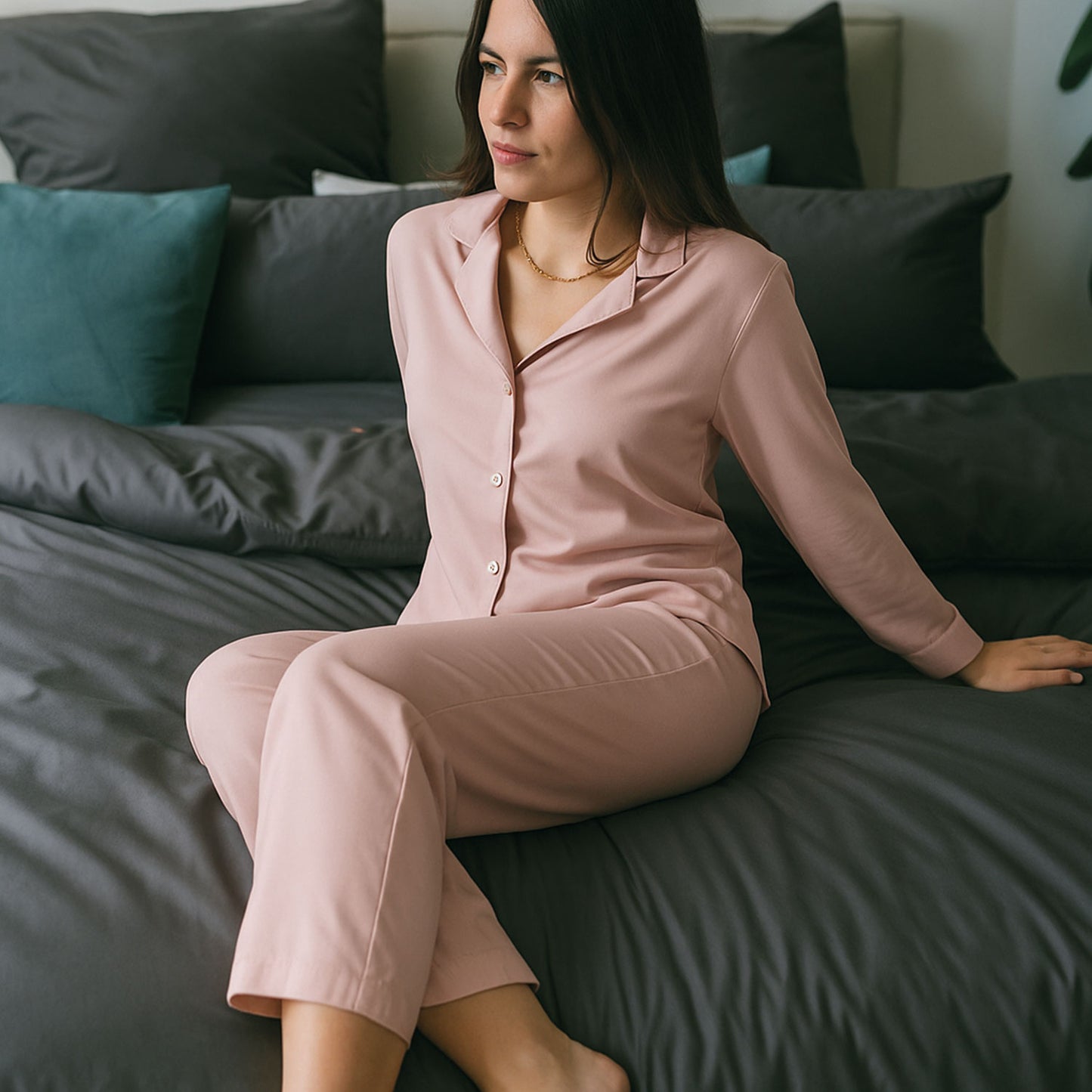 Lange Pyjamahose Damen aus Bambus Lyocell Puder