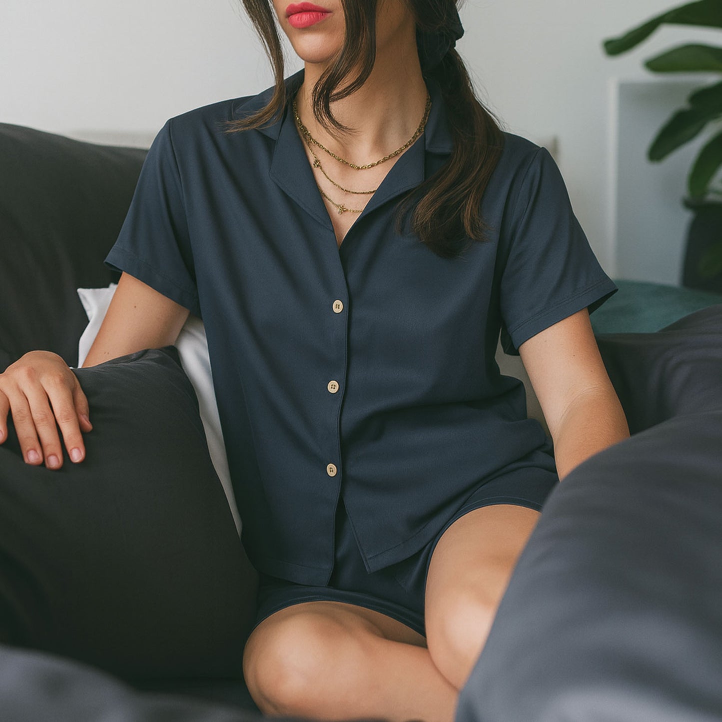 Kurzarm Pyjama-Oberteil Damen aus Bambus Lyocell Dunkelblau