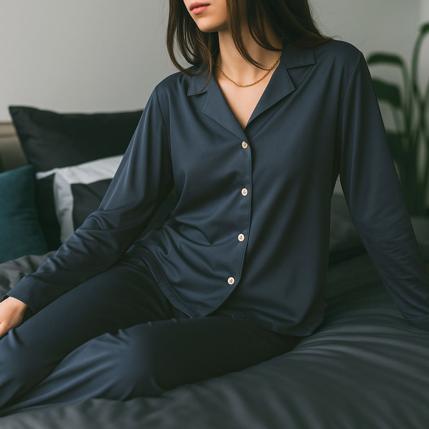 Langarm Pyjama-Oberteil Damen aus Bambus Lyocell Dunkelblau