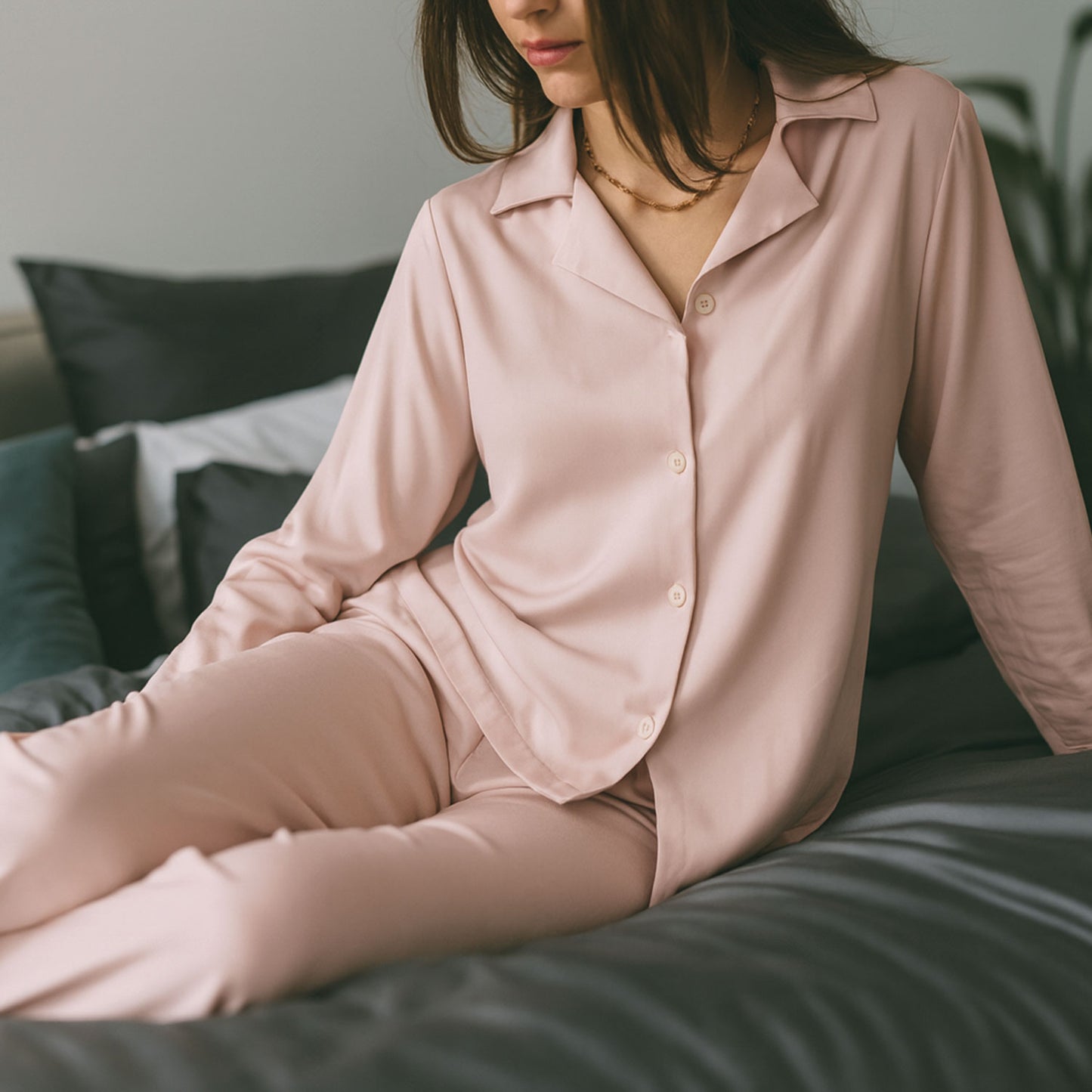 Langarm Pyjama-Oberteil Damen aus Bambus Lyocell Puder