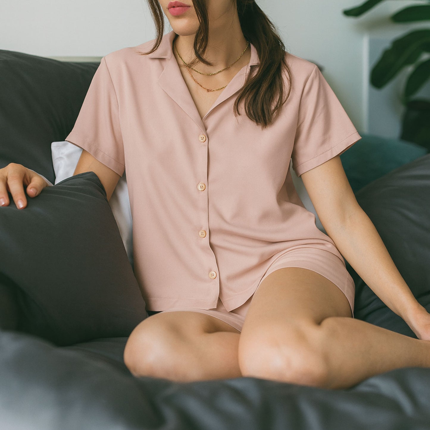 Kurzarm Pyjama-Oberteil Damen aus Bambus Lyocell Puder