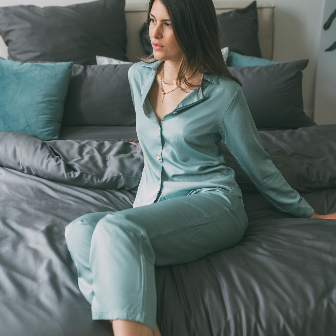 Lange Pyjamahose Damen aus Bambus Lyocell Salbei