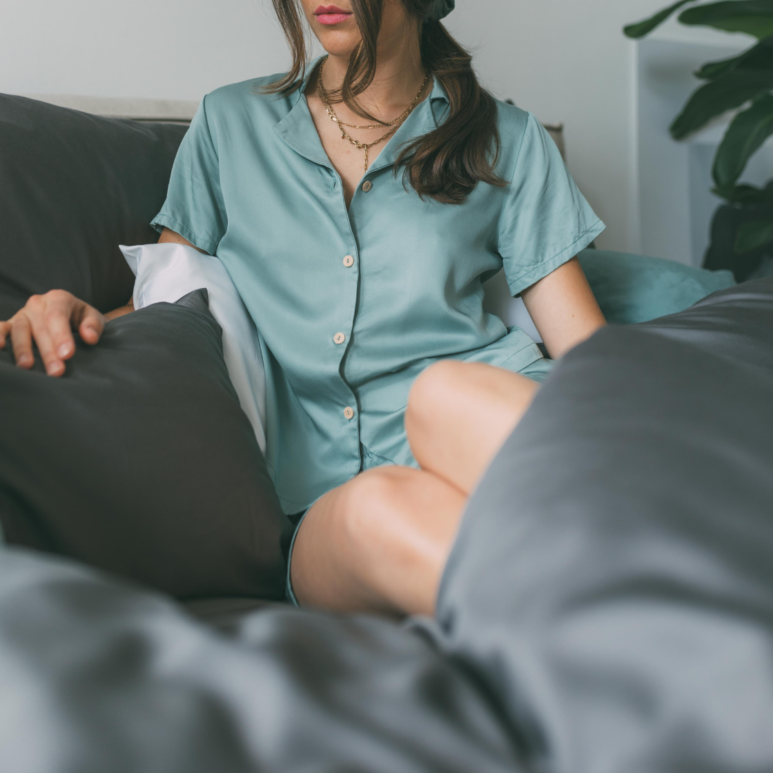 Kurzarm Pyjama-Oberteil Damen aus Bambus Lyocell Salbei