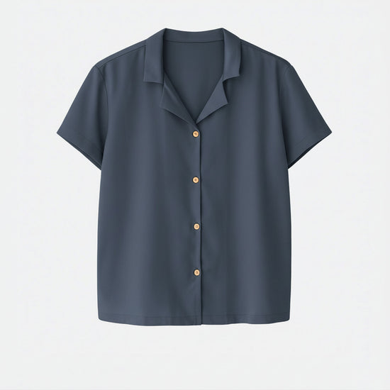 Kurzarm Pyjama-Oberteil Damen aus Bambus Lyocell Dunkelblau