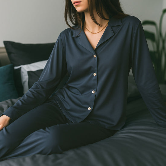 Langarm Pyjama-Oberteil Damen aus Bambus Lyocell Dunkelblau