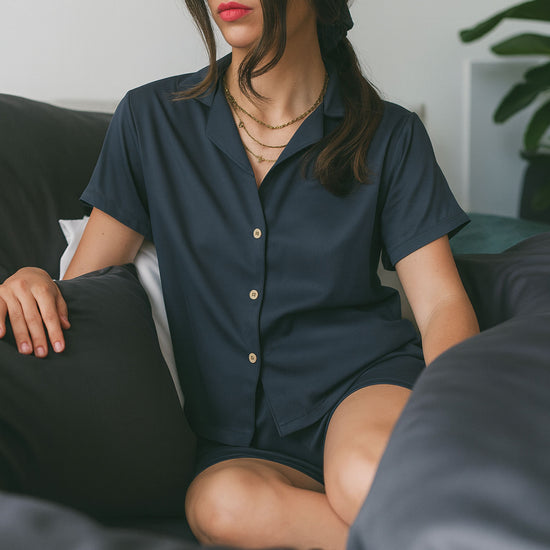 Kurzarm Pyjama-Oberteil Damen aus Bambus Lyocell Dunkelblau