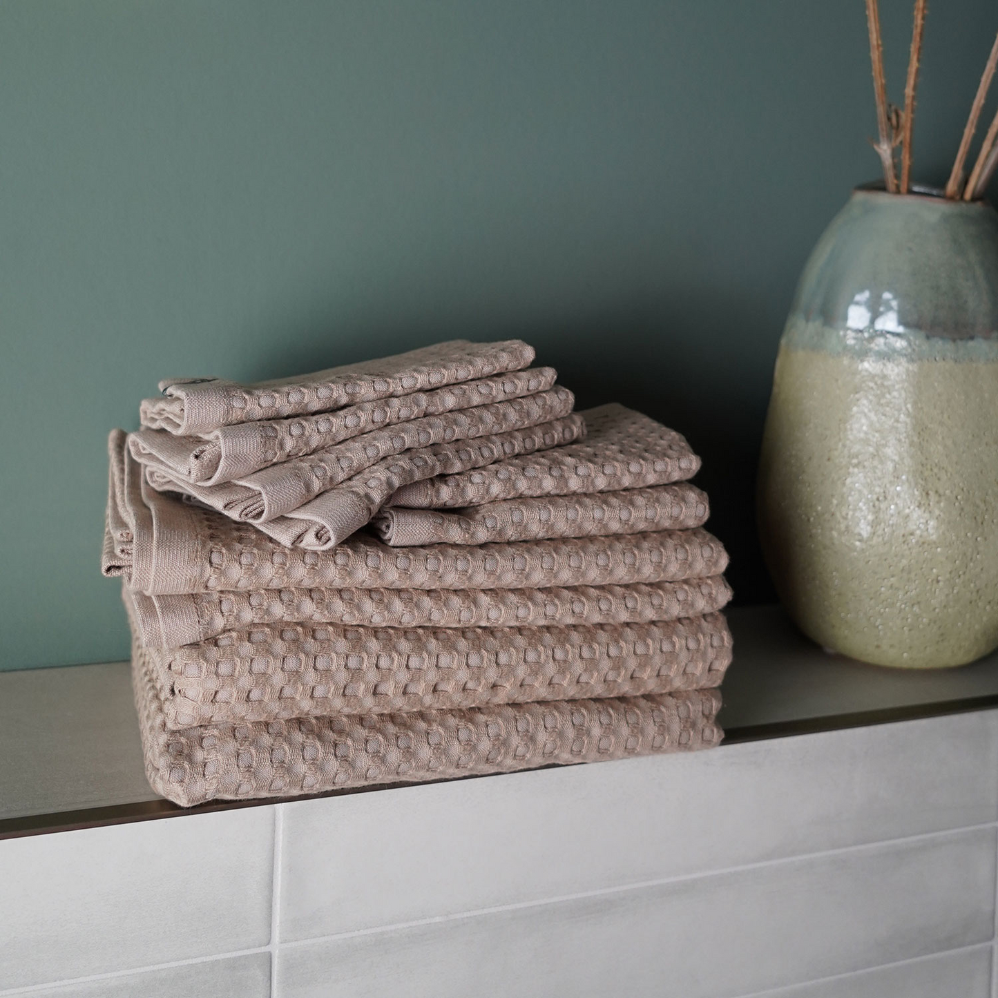 Großes Handtuch-Set Bambus Lyocell mit Bio-Baumwolle Beige